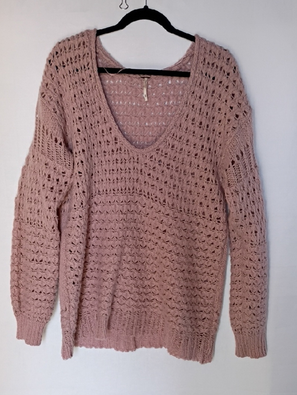 Free People Openwork V-Neck Sweater Mauve Crashing Waves Size M - Picture 2 of 9